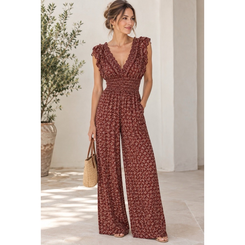 Max Studio London Women's Wide Leg Jumpsuit Size M Smocked Waist Ruffles